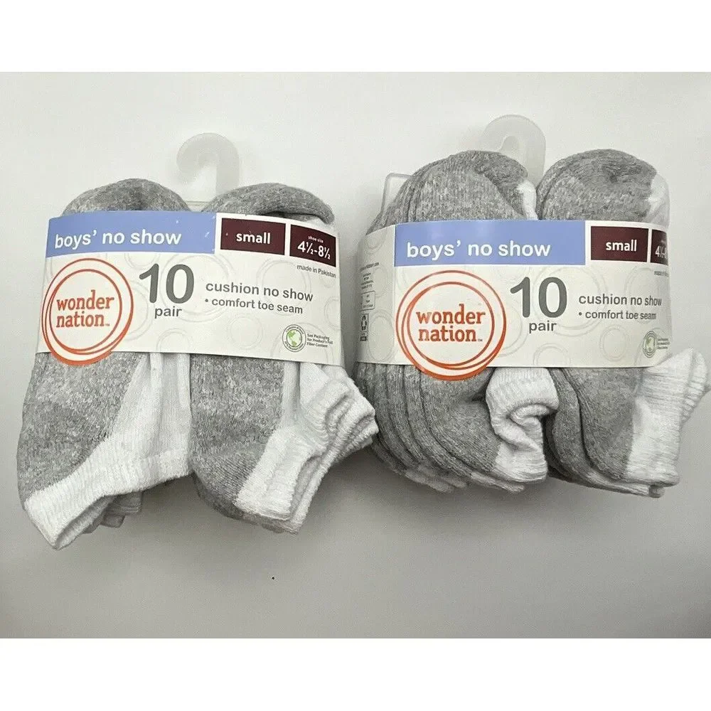 New 2 Packs Of Wonder Nation Boys 10 Pair White Gray No-Show Socks Size 4.5-8.5‎